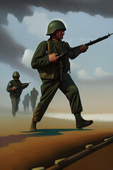 Vintage soldier concept art. Retro style soldier from the mid 20th century.