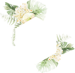 Tropical Exotic Floral Frame Border Green Leaf Pastel Watercolor Ethereal Jungle Transparent Background