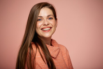 Obraz premium Close up female face with natural real skin. Isolated portrait on pink background beautiful woman looking at camera.