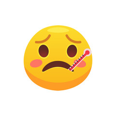 Fototapeta premium Emoji face with a thermometer flat icon for web design. Cartoon yellow emotion circle icon smiling, laughing and crying isolated vector illustration. Feeling expression and communication concept