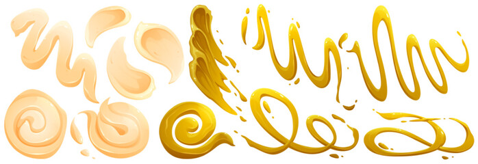 Stains and splashes of mayonnaise and mustard. Vector cartoon set of spills and strips of cream, cheese sauce, mayo and barbecue isolated on white background