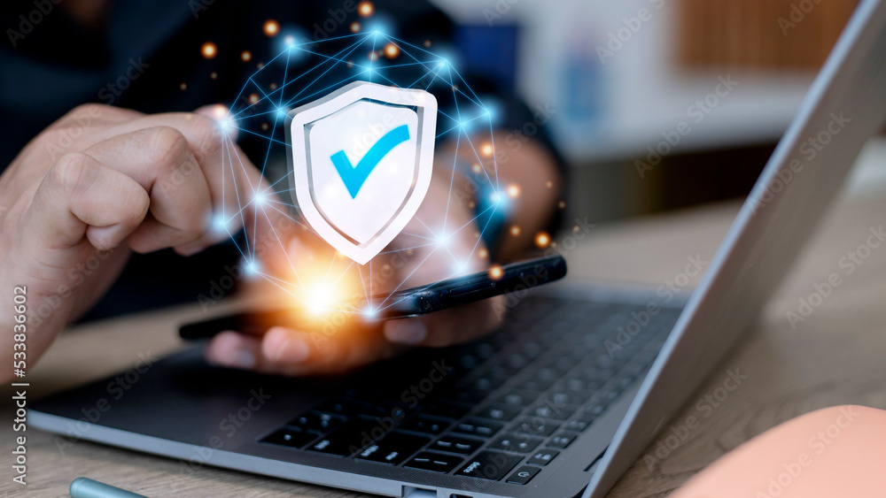 Poster cyber security. data protection concept. banking security. and network connection on mobile smartpho