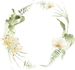 Tropical Exotic Floral Wreath Frame Green Leaf Pastel Watercolor Ethereal Jungle Transparent Background
