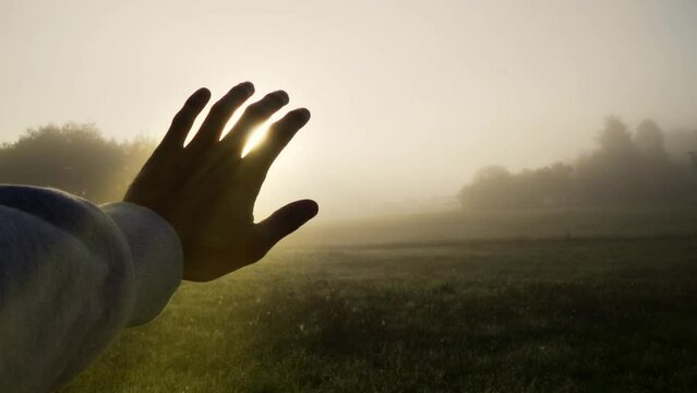 Hand in front of a misty sunset in a scenic field with the lightrails shining through