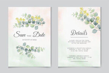 Fototapeta na wymiar Watercolor vector set wedding invitation card template design with green eucalyptus leaves.