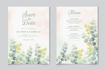 Watercolor vector set wedding invitation card template design with green eucalyptus leaves.