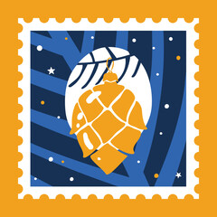 Cozy Christmas postage stamp. Cute glass fir cone hanging on spruce branch. Vector hand drawn illustration