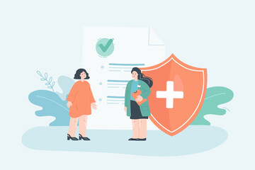 Patient signing health insurance contract. Tiny woman and female doctor flat vector illustration. Protection, service, document, medicine concept for banner, website design or landing web page