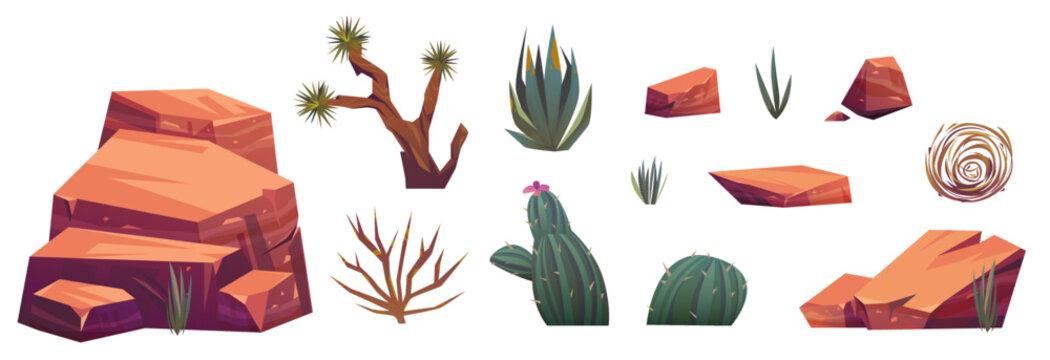 Set Of Desert Mountain Rocks And Cacti, Tumbleweed, Stones, Green Piked Plants. Isolated Natural Elements, Wild West Or African Nature Flora For Game Formation, Cartoon Vector Illustration, Icons Set