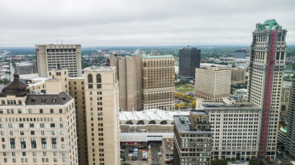 City view of Downtown Detroit in the summer on a cloudy day taken from the Scott Building