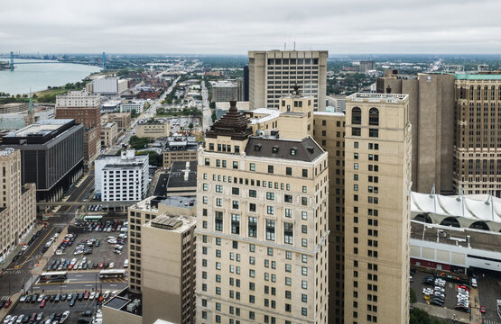 City view of Downtown Detroit in the summer on a cloudy day taken from the Scott Building