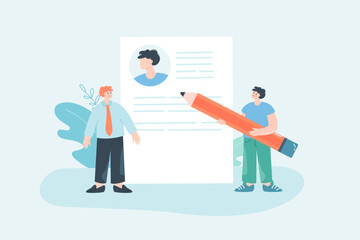 HR manager analyzing CV of candidate flat vector illustration. Tiny recruiter looking at resume of job seeker. Employment, occupation, career concept for banner, website design or landing web page
