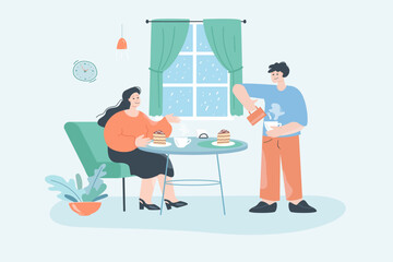Husband making tea for his wife flat vector illustration. Cartoon characters eating cake in kitchen in rainy weather. Love, care, togetherness concept for banner, website design or landing web page