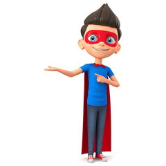 Cartoon character boy in a super hero costume on a white background points to an empty hand. 3d render illustration.
