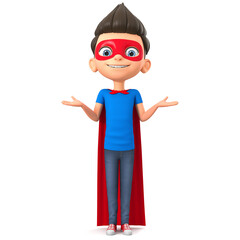 Cartoon character boy in a super hero costume on a white background shrugged his shoulders. 3d render illustration.