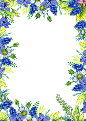 rectangular frame of flowers and leaves of hyacinth, muscari, periwinkle, bird cherry and wild strawberry on a white background.