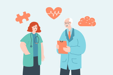 Young doctor consulting with senior one flat vector illustration. Education, help, support, cooperation, teamwork concept for banner, website design or landing web page