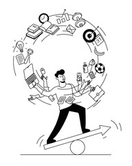 A man juggles his tasks. Illustration metaphor meaning time management, clear management of tasks and his time. A balance between work and personal life.