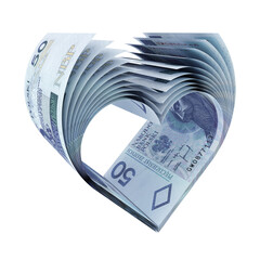 Banknoty 50 PLN uformowane w kształt symbolu serca - obrazy, fototapety, plakaty