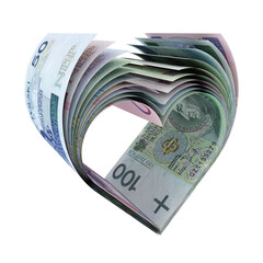 Banknoty PLN uformowane w kształt symbolu serca - obrazy, fototapety, plakaty