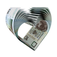 Banknoty 10 PLN uformowane w kształt symbolu serca - obrazy, fototapety, plakaty