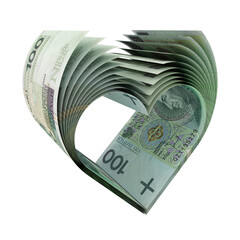 Banknoty 100 PLN uformowane w kształt symbolu serca - obrazy, fototapety, plakaty