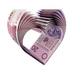 Banknoty 20 PLN uformowane w kształt symbolu serca