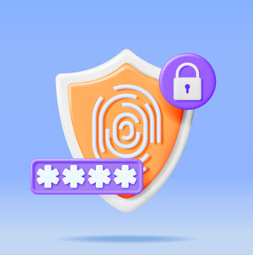 3D Locked Password Field And Fingerprint In Shield. Render Password With Finger Print Safeguard. Computer Data Protection Security. User Login Biometric Authorization. Vector Illustration