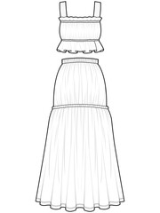 womens two piece outfits shirred crop top and maxi skirt fashion flat sketch vector illustration.