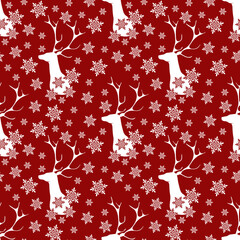 Christmas deer head. Snowflakes. Seamless winter drawing.