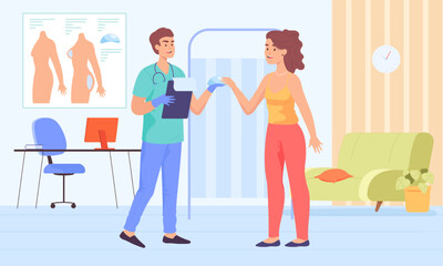 Woman consulting breast augmentation with surgeon. Implant surgeon and patient talking about plastic operation in clinic room flat vector illustration. Hospital, interior, mammoplasty, beauty concept