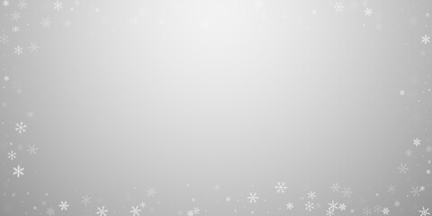 Christmas falling snow background. Subtle flying snow flakes and stars. Festive winter silver snowflake overlay template. Vector illustration