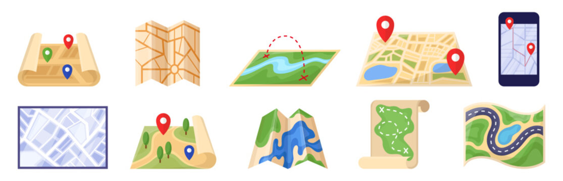 City maps of paper and phone screen vector illustrations set. Cartoon drawings of guidebooks with itinerary for tourists isolated on white background. Navigation, traveling, tourism concept