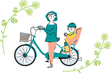 電動アシスト付き自転車を押す母親とシートに座る子ども　イラスト素材
