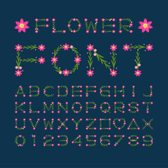 Isolated pink flower font alphabet character with number and symbol, Vector floral wreath ivy style with branch and leaves.