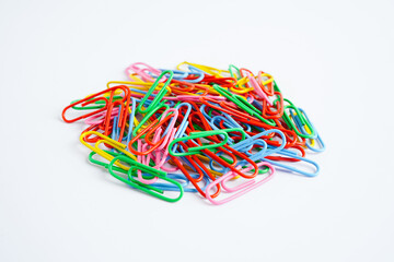 Paper clips colorful isolated on white background, office equipment.