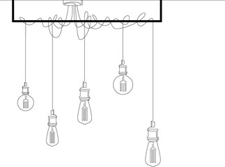 Continuous line lamps and Edison bulbs. One single line drawing of modern loft chandelier with lightbulbs in lineart style. Minimalist design background Horizontal  illustration