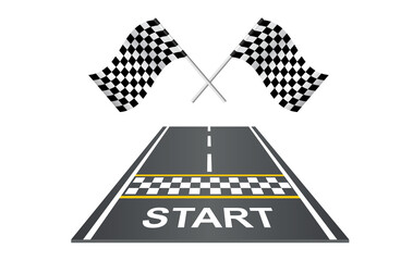 Race track road with flags and start line perspective view. Road design template in flat style...