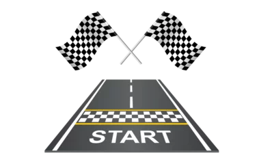 Fotobehang Race track road with flags and start line perspective view. Road design template in flat style background. Race car track with start line and flags. Vector Kart race. Abstract concept graphic element © Volha