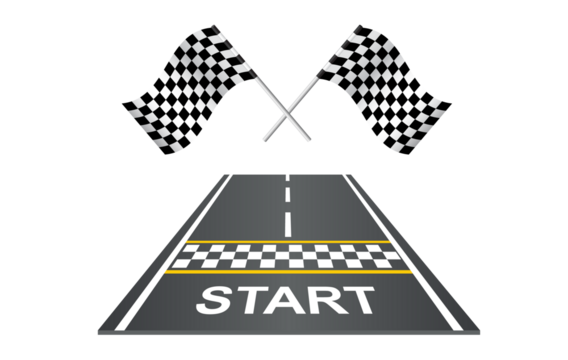 Race track road with flags and start line perspective view. Road design template in flat style background. Race car track with start line and flags. Vector Kart race. Abstract concept graphic element