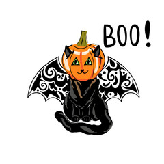 Cute funny cat with pumpkin on head and bat wings. Halloween concept.