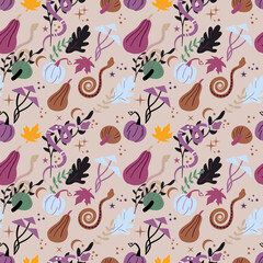 Autumn wood pattern with snakes, pumpkin, mushrooms. Gothic alchemy vibes. Halloween concept.