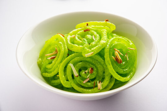 Green Jalebi mithai or sweet from India, a Twist to a traditional imarti or jilbi