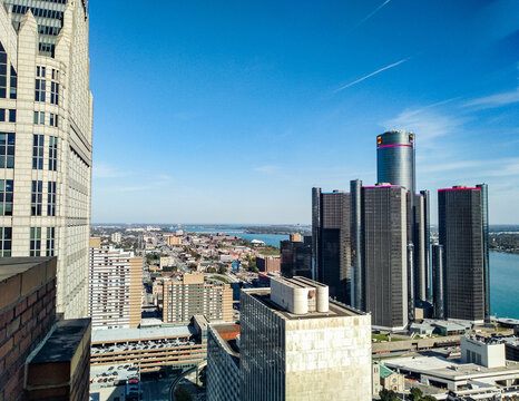 City view of Downtown Detroit	in the summer on a clear day taken from the Guardian Building 