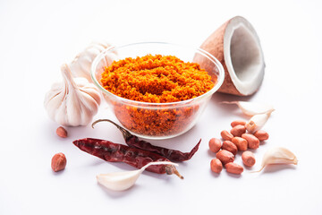 Dry garlic chutney made from red chilly and dry coconut and lahsun which is famous in maharashtra