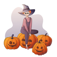 Vector illustration of girl with pumpkins. Girl with witch hat on. Illustration for Halloween design, poster, banner decoration, print, cover.