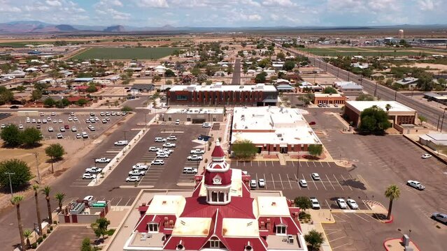 Historic Pinal County Courthouse in Florence, Arizona. Drone backwards.