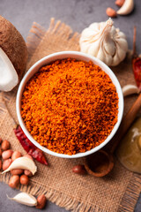 Dry garlic chutney made from red chilly and dry coconut and lahsun which is famous in maharashtra