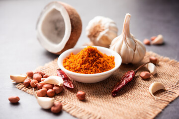 Dry garlic chutney made from red chilly and dry coconut and lahsun which is famous in maharashtra