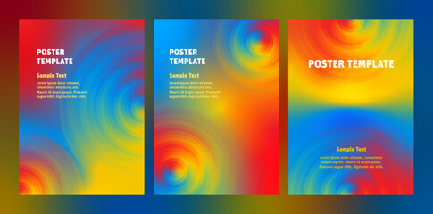 Set colorful abstract posters with gradient circles. Background design with fluid spiral shapes and bright colors. Multiple Swatches suggestions for easy Recolor Artwork.